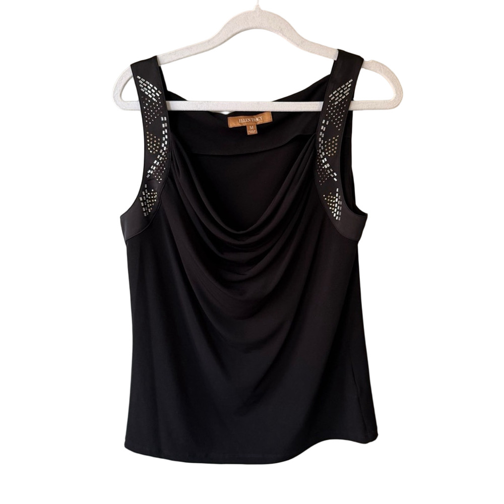 Ellen Tracy Black Asymmetrical Embellished Tank Top